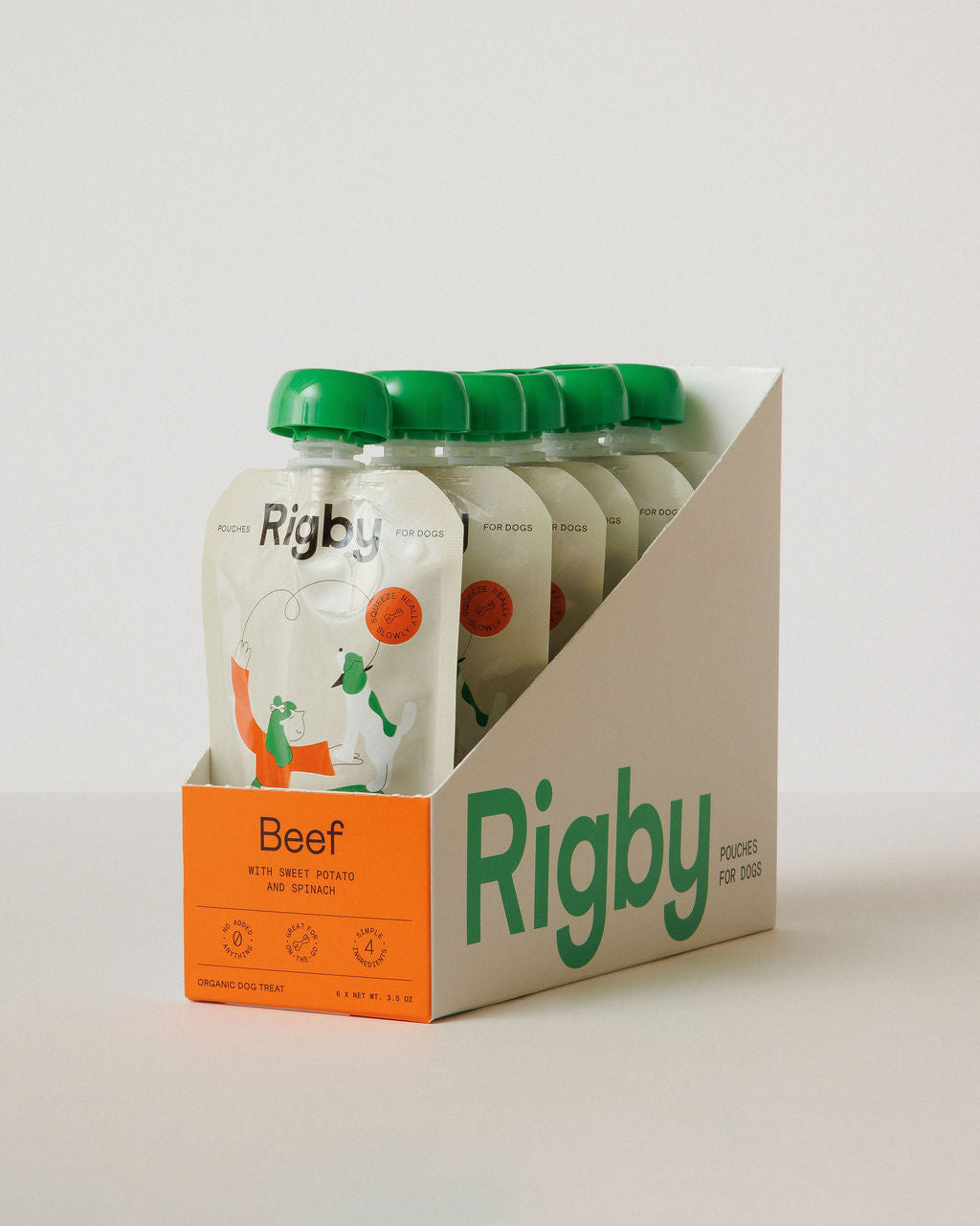 Packaging of Rigby beef products on a white background