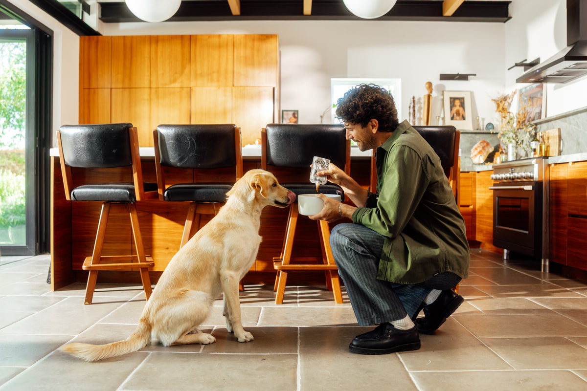 A curly-haired man in a green shirt crouches in a sunny kitchen, squeezing a Rigby for Dogs pouch into a white bowl as a yellow Labrador sits and watches.