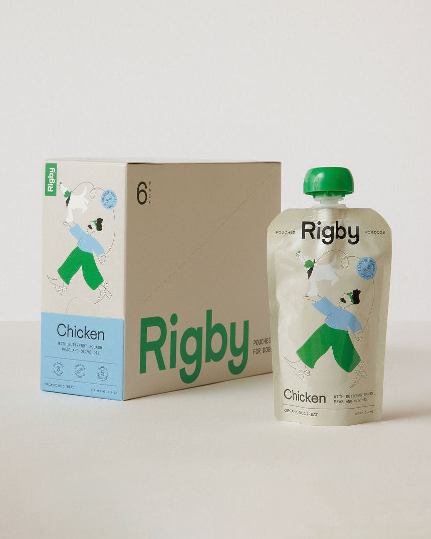 Rigby Chicken food packaging including a box and a pouch on a white background