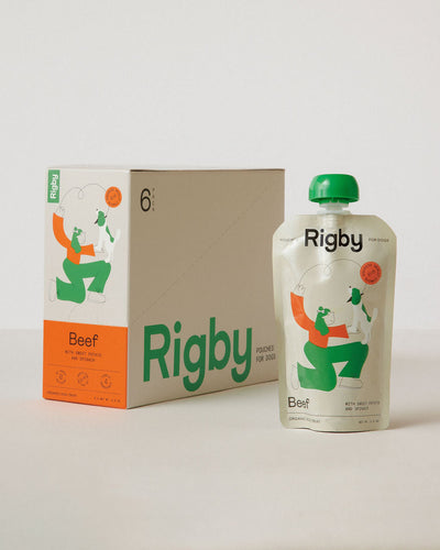 Rigby branded food packaging including a box and a pouch on a white background