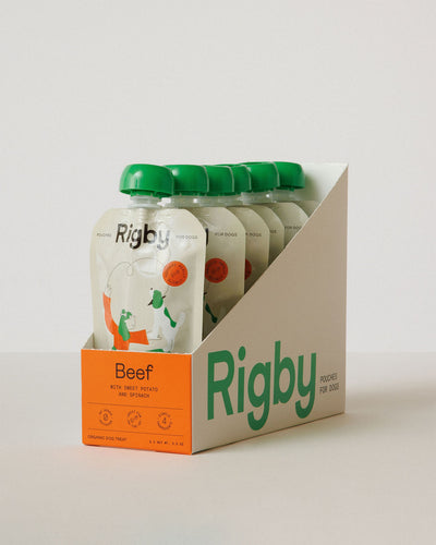 Packaging of Rigby beef products on a white background