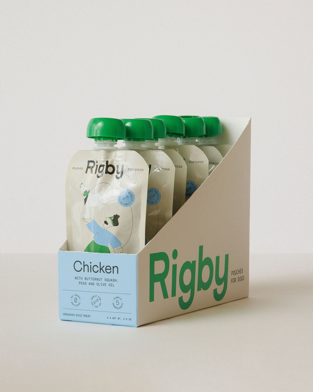 Packaging of Rigby baby food pouches with green lids on a light gray background