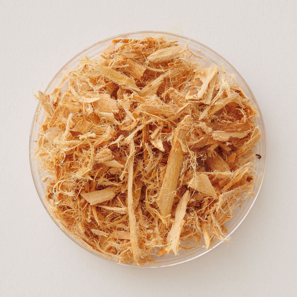 Slippery elm bark powder in a glass dish, viewed from above.