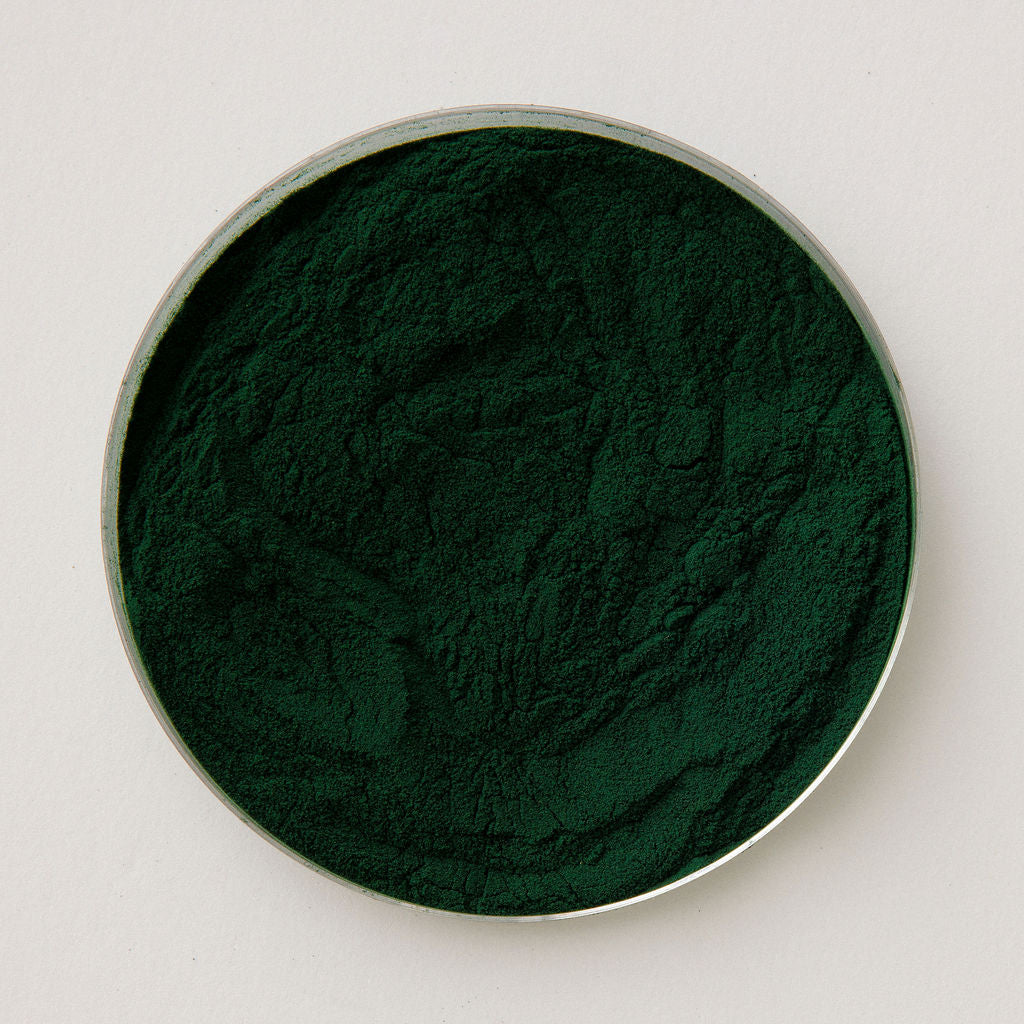 Green spirulina powder in a glass dish, viewed from above.