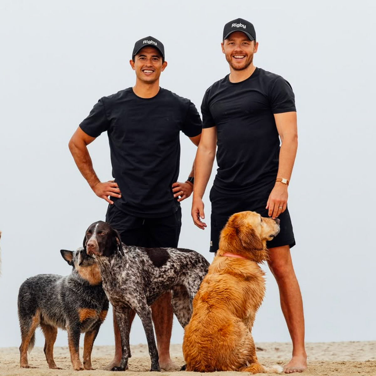 Two smiling men in black t-shirts and Rigby caps stand on a beach with three dogs: a blue heeler, a speckled pointer and a golden retriever.